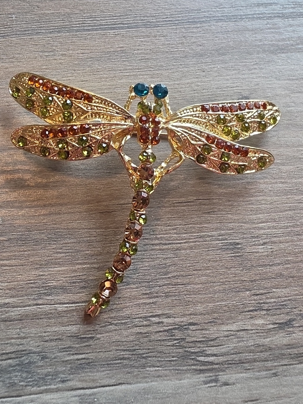 Gold-Tone Dragonfly Brooch with Green and Amber Crystals
